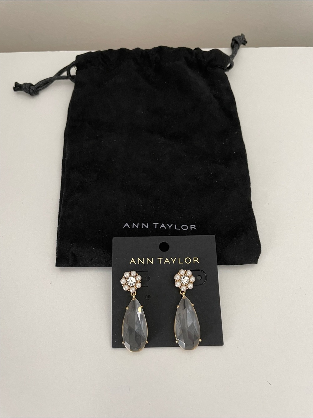 Ann Taylor Gold-Tone Earrings with Clear Gray Teardrop Crystals NWT and pouch!